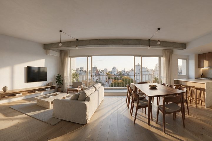 Render de un living comedor con balcón a la ciudad