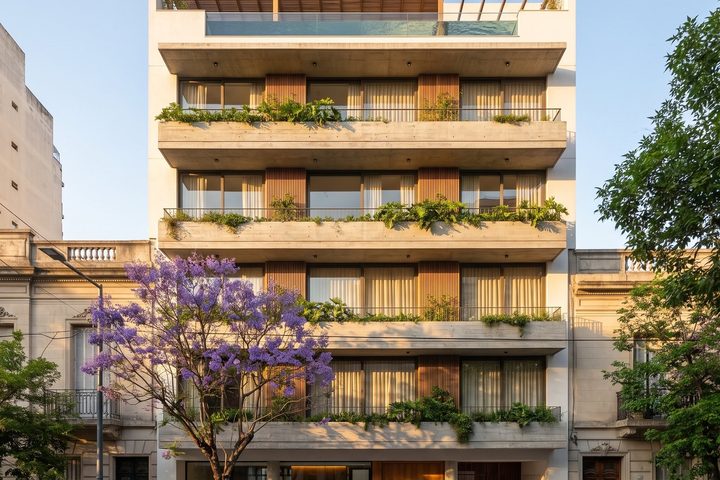 Render de un edificio de departamentos con balcones verdes y un jacarandá en la vereda