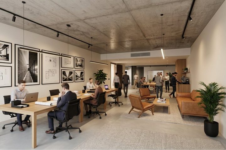 Render de un estudio con personas trabajando