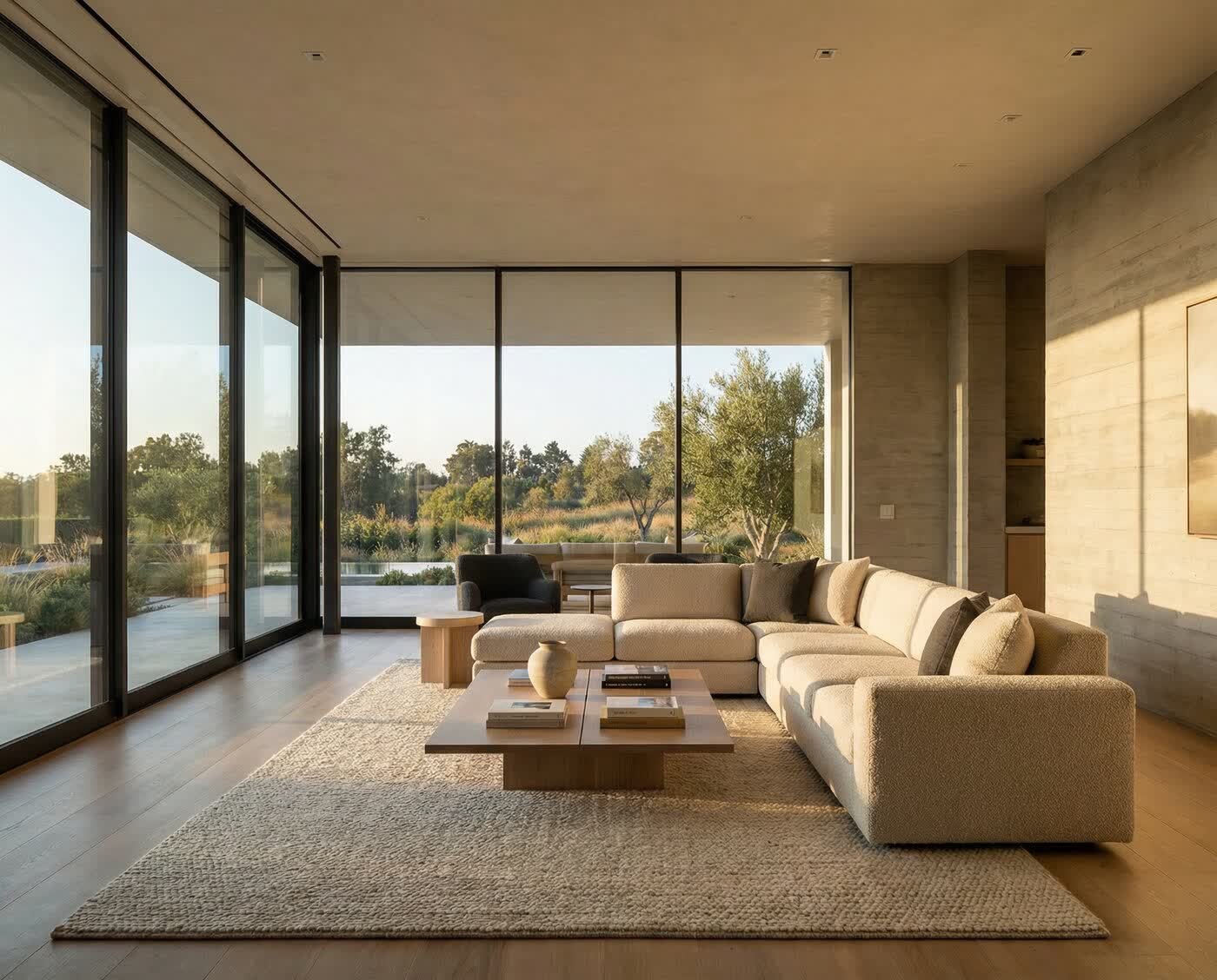 Visualización de living de doble altura con luz cálida de tarde