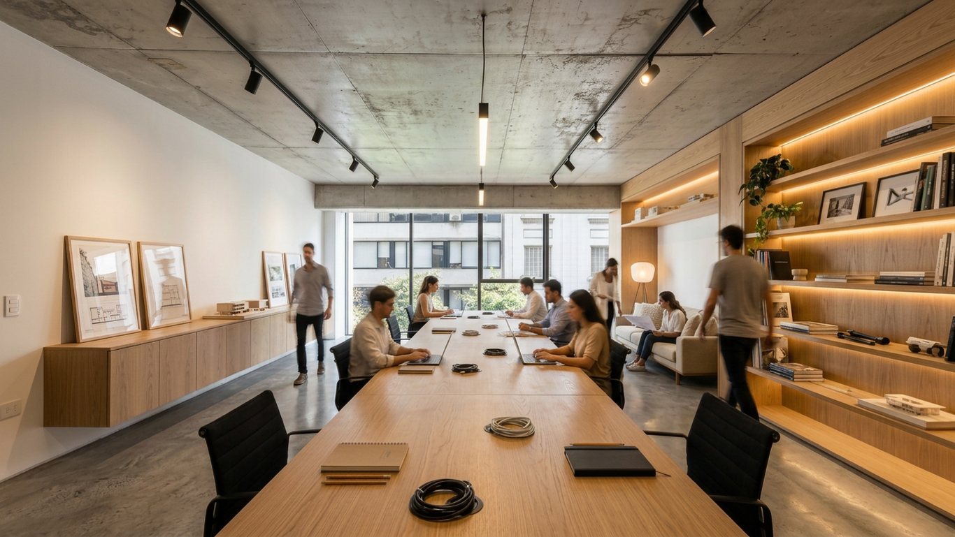 Visualización del mismo local convertido en un estudio de arquitectura en uso