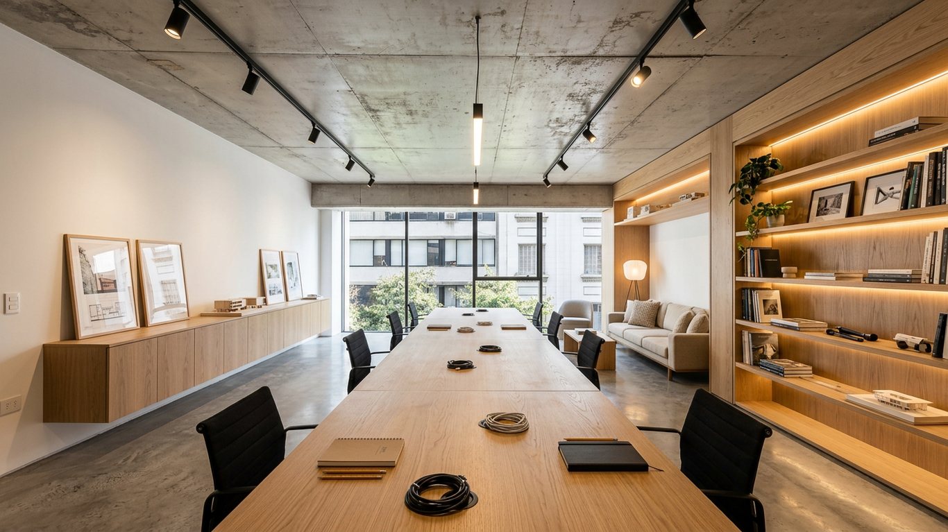 El mismo local amoblado de forma virtual, con mesa de reuniones, biblioteca y ventanal