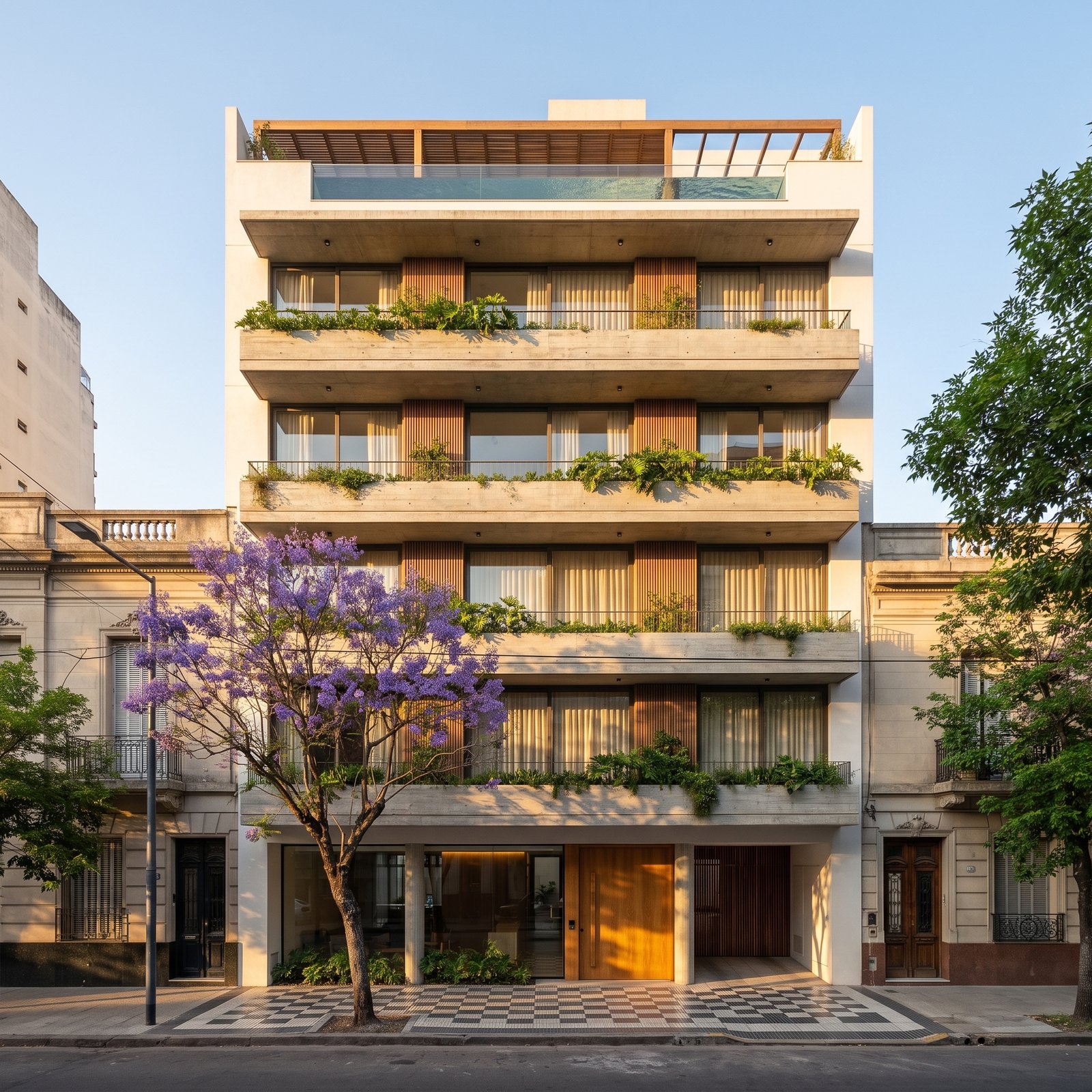 Visualización de un edificio de departamentos de siete pisos en Palermo, con balcones de hormigón, plantas y un jacarandá en la vereda