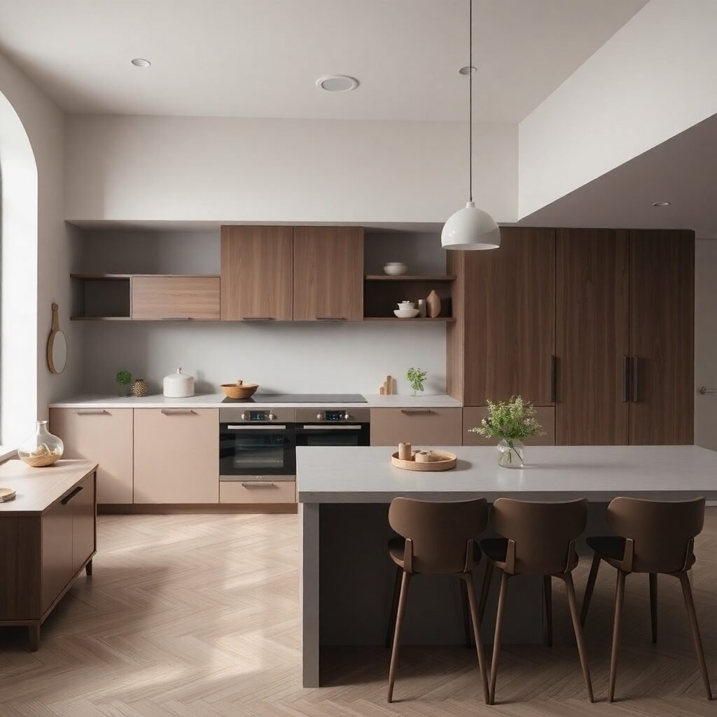 Visualización de cocina con isla de madera