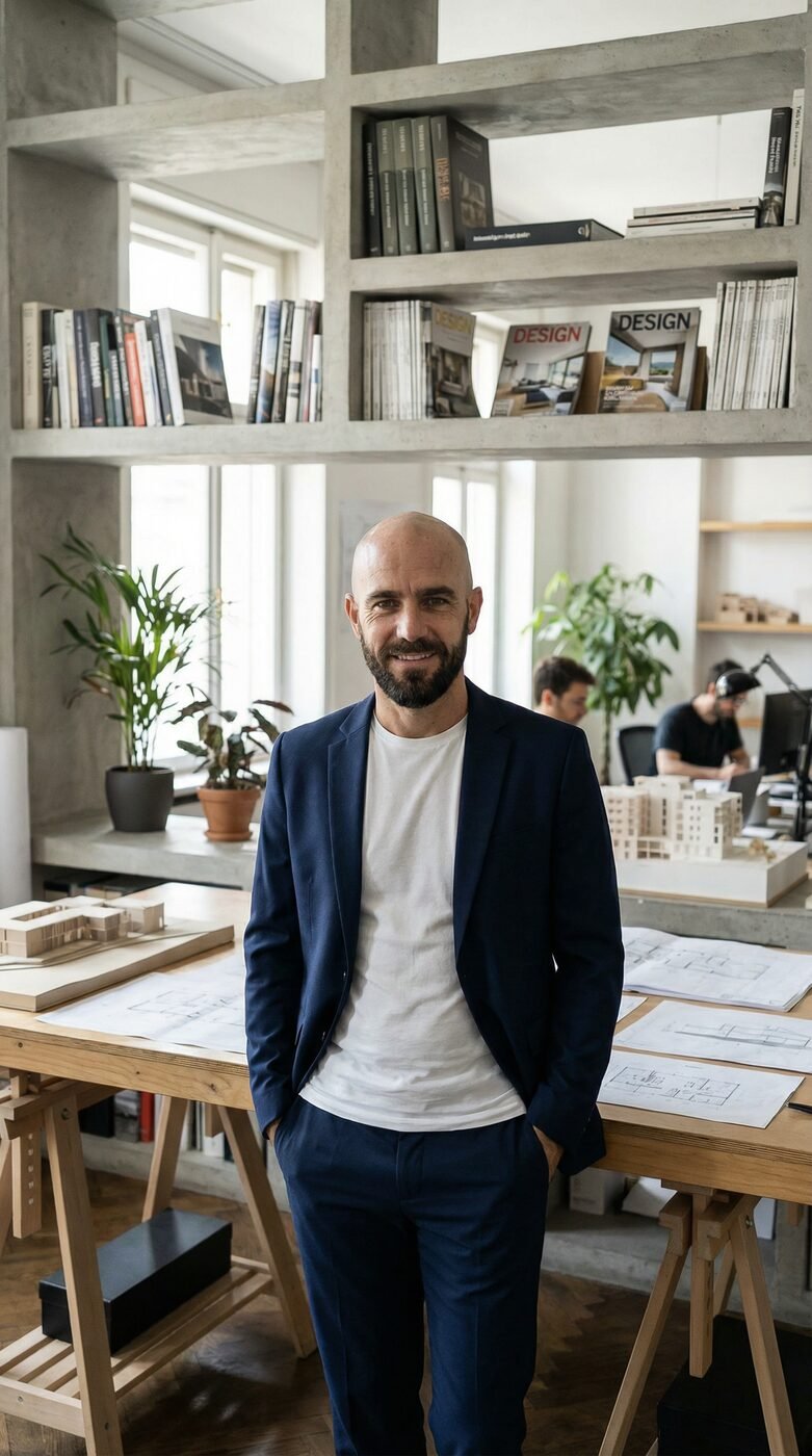 Saverio, presentador digital de Wabipic, en un estudio de arquitectura