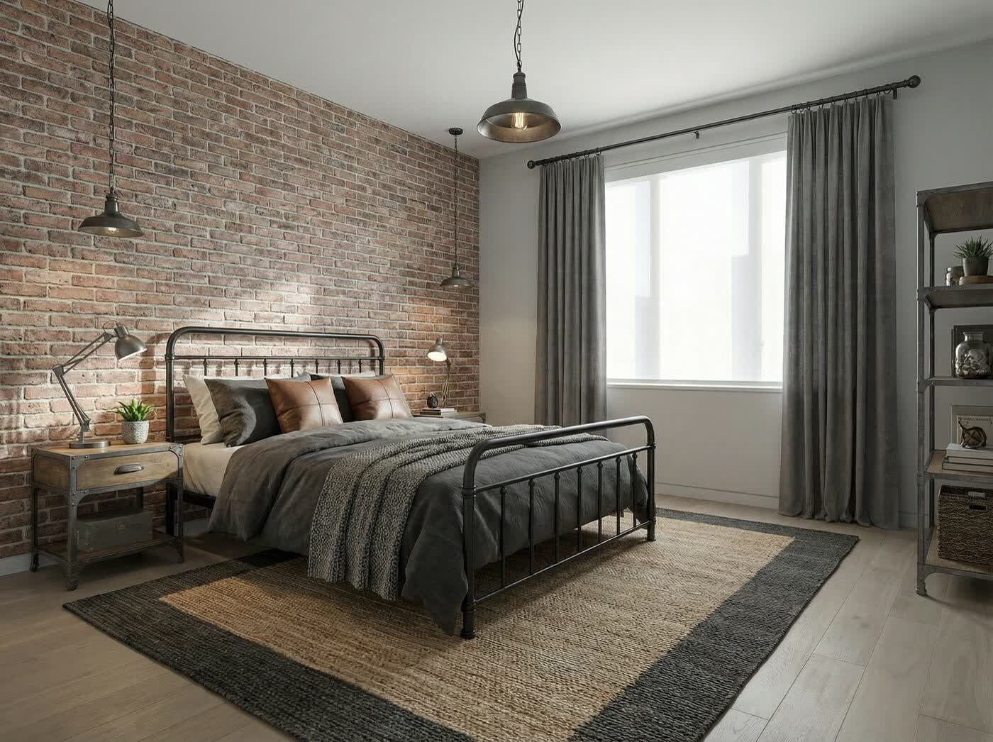 Mismo dormitorio con staging virtual en estilo industrial