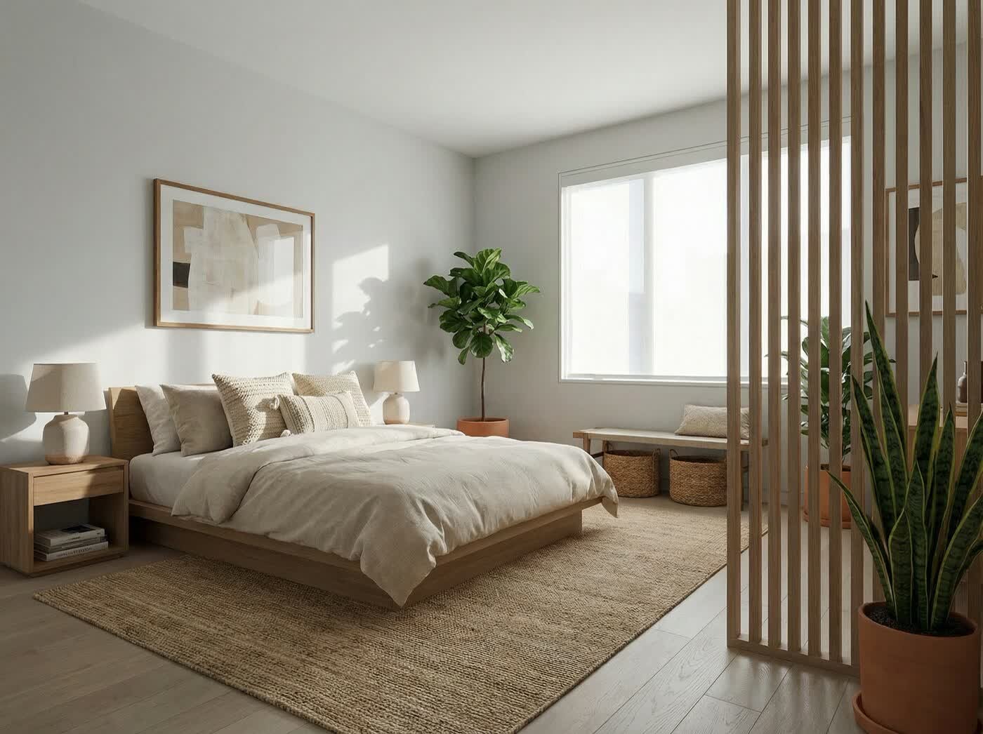 Dormitorio amoblado virtualmente en estilo japandi