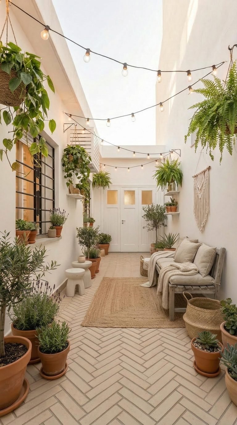 Patio amoblado virtualmente en estilo boho
