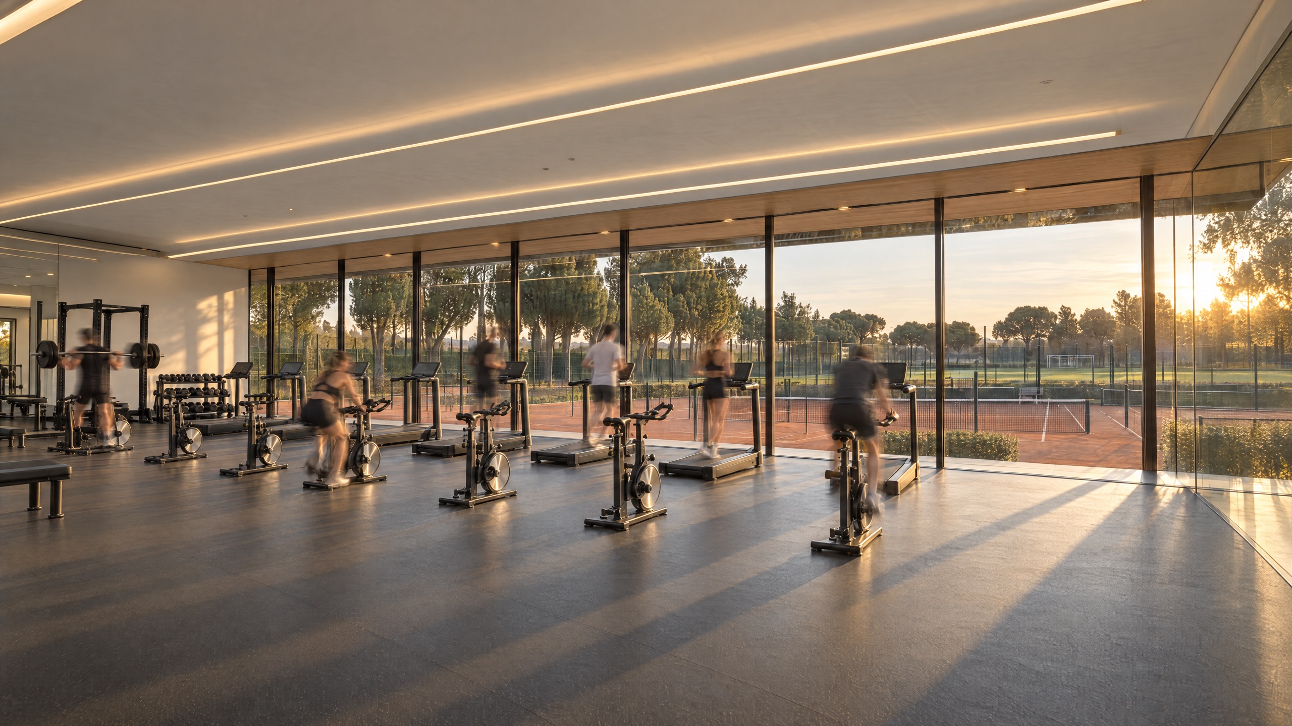 Gimnasio del club deportivo con vista a las canchas de tenis