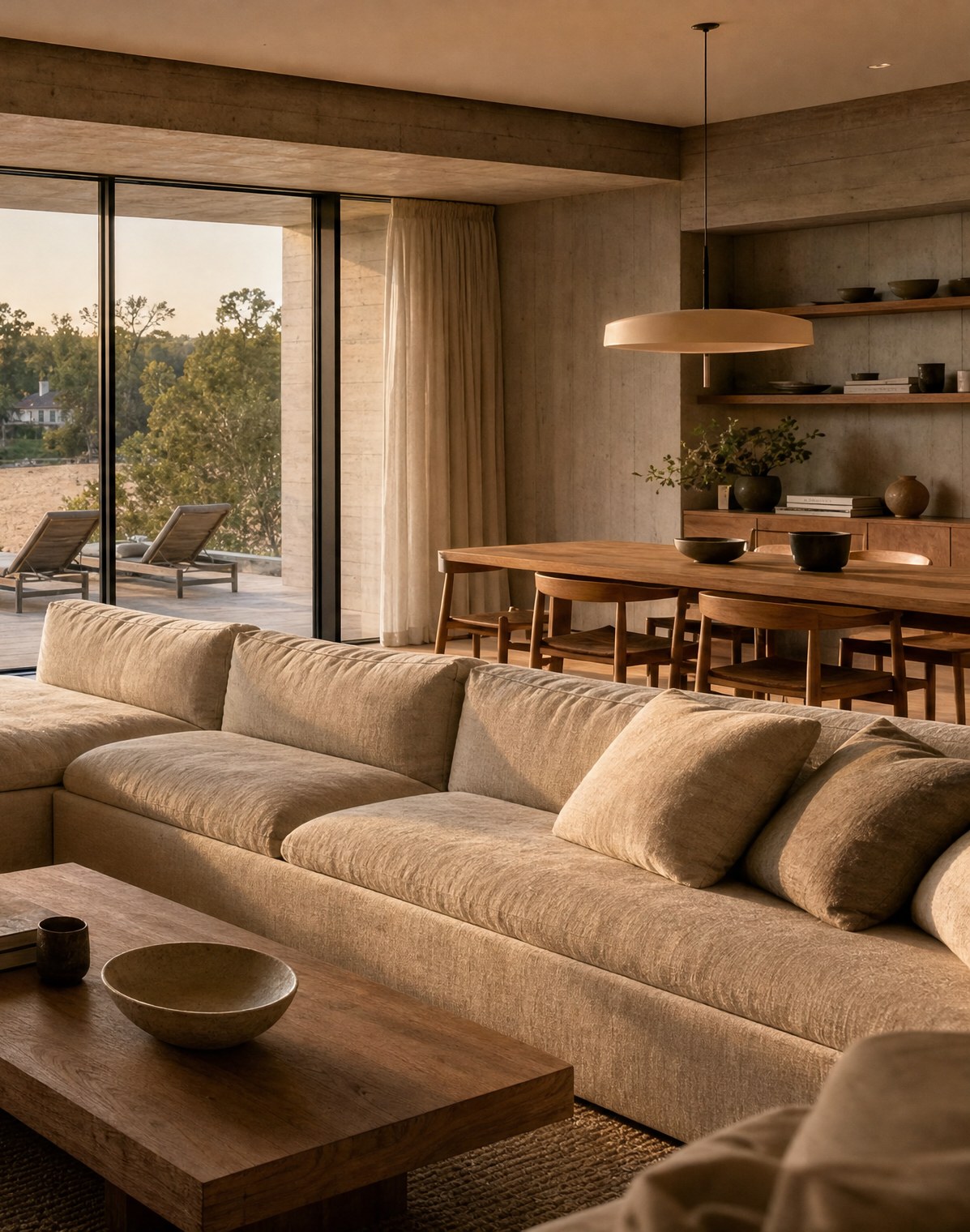 Living de una residencia con vista a la laguna