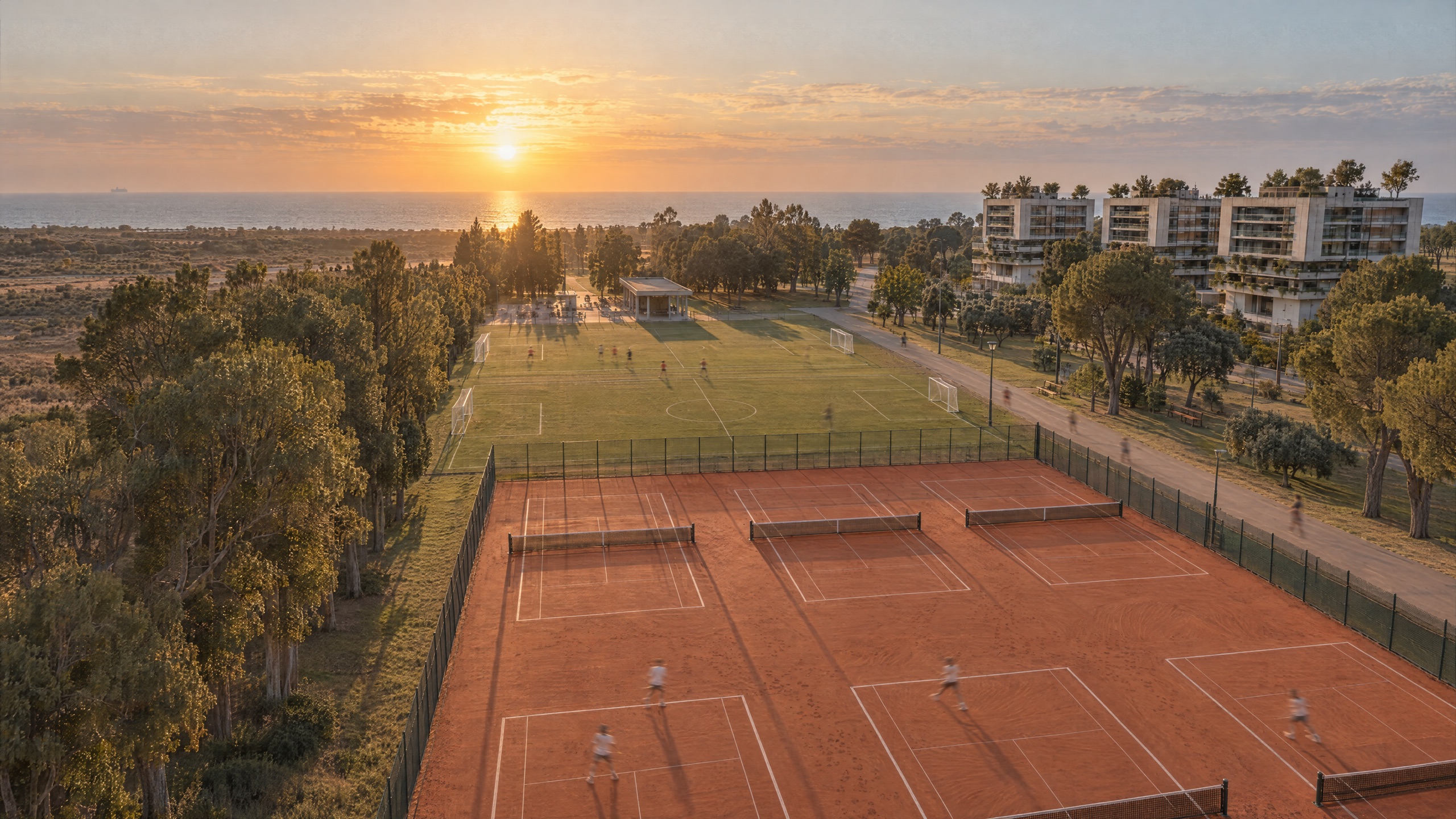 Seis canchas de tenis y dos de fútbol al atardecer, con jugadores